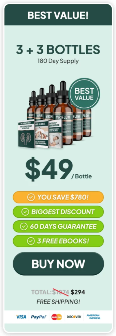 ViriFlow six bottle package providing a 180 day supply for long term use